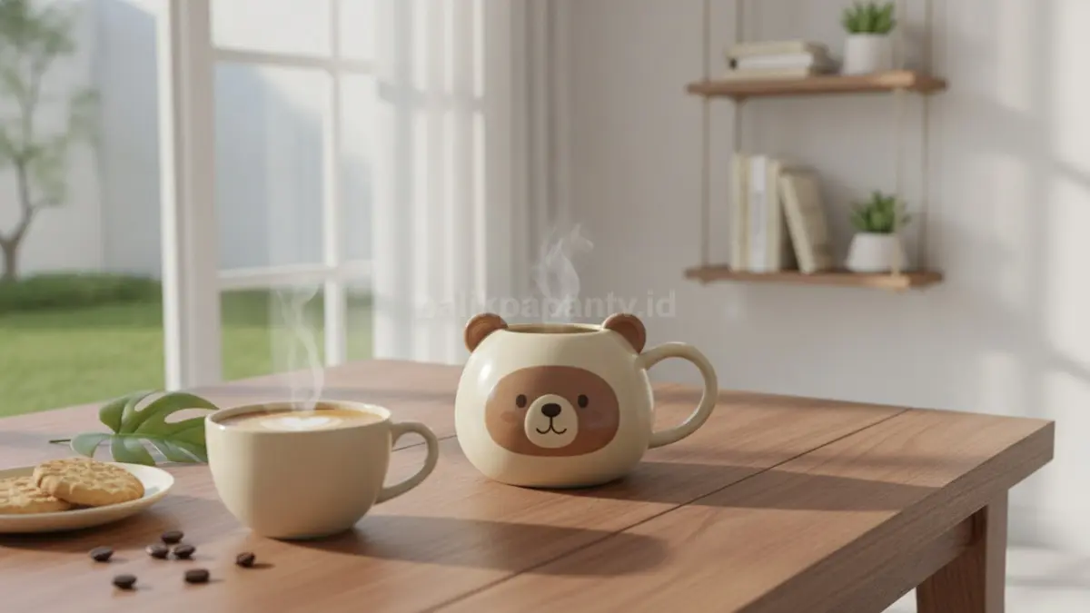 Mug keramik kartun beruang vintage digunakan sebagai cangkir kopi pada meja kerja modern. (BTV/Ai)
