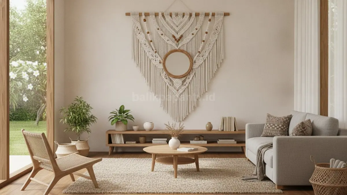 Panel macrame simetris mempercantik ruang tamu minimalis modern dengan tampilan rapi dan seimbang.  (BTV/AI)