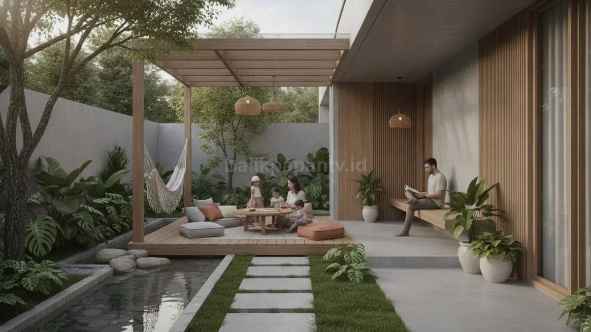 Paviliun santai yang terintegrasi dengan taman menciptakan ruang berkumpul yang nyaman dan fleksibel. (BTV/Ai)