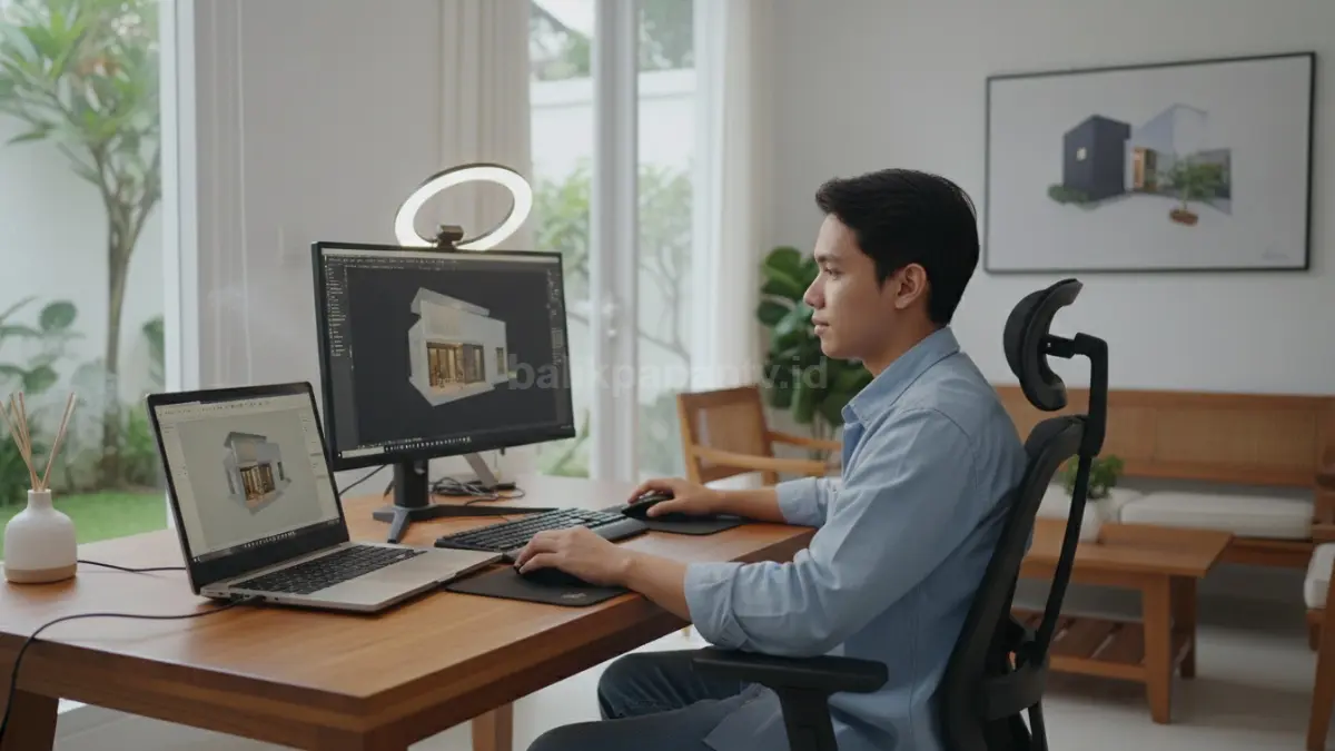 Pekerja desain mengoperasikan AutoCAD di depan laptop dengan posisi kerja nyaman untuk menjaga kesehatan mata.
