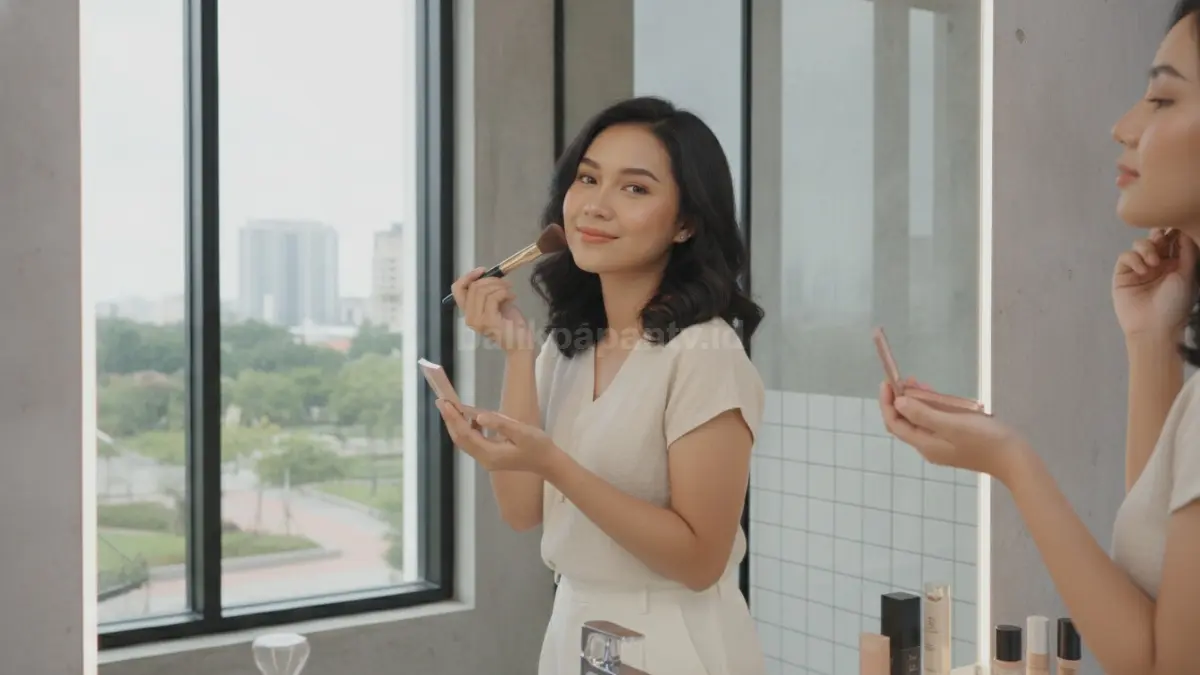 Perempuan mengaplikasikan makeup 3 menit dengan tampilan segar dan natural sebelum beraktivitas.
