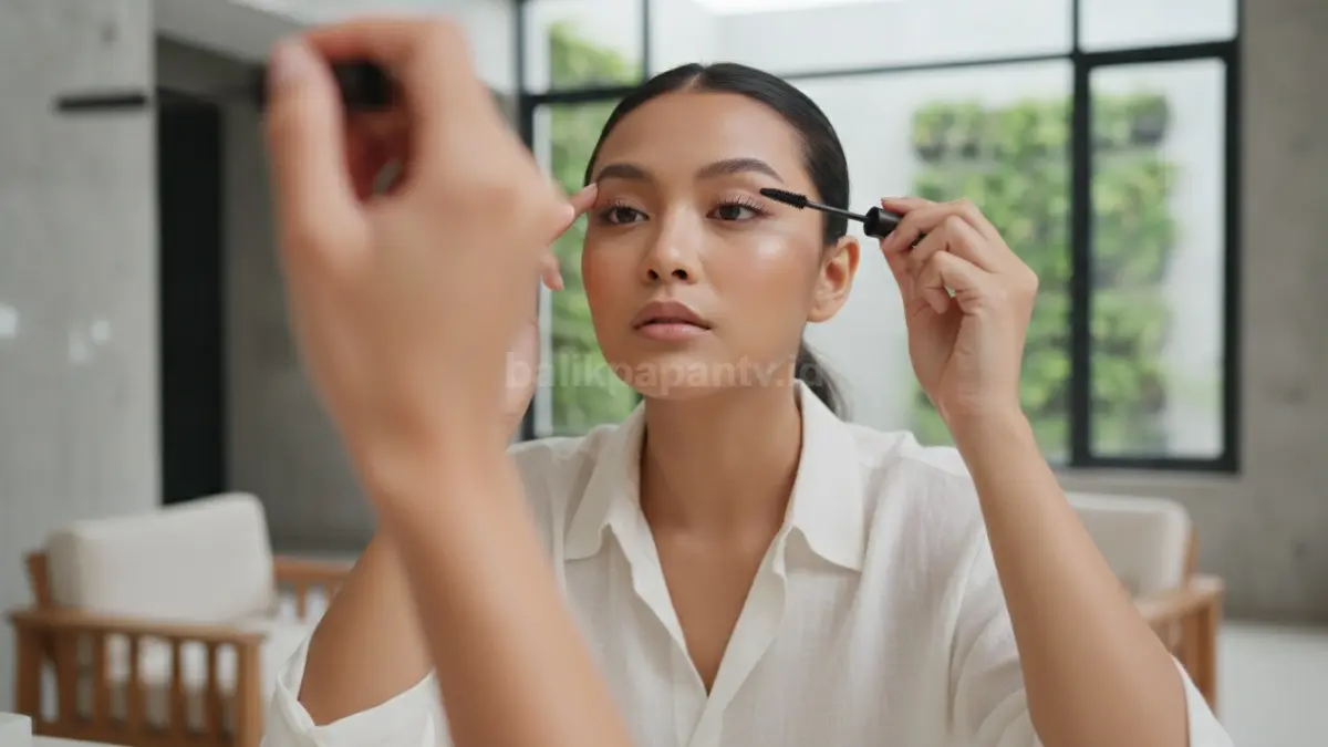 Perempuan mengaplikasikan maskara dengan teknik tepat untuk menghasilkan bulu mata lentik dan rapi.
