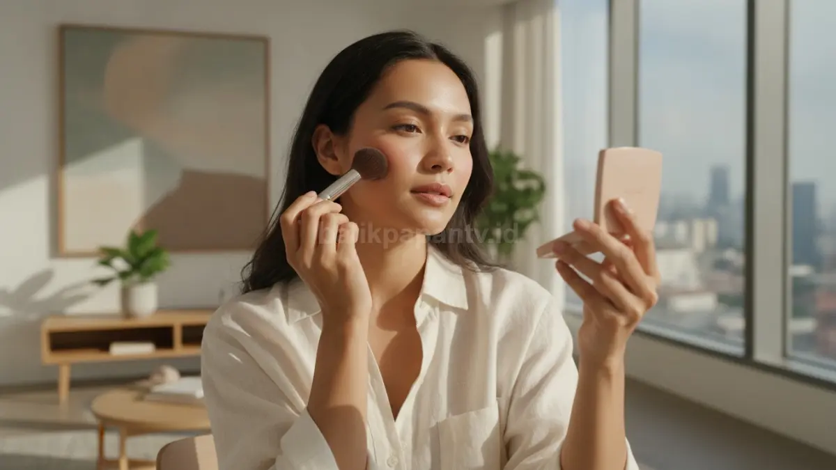 Perempuan sedang merapikan makeup tahan 8 jam dengan hasil segar dan natural sepanjang aktivitas.
