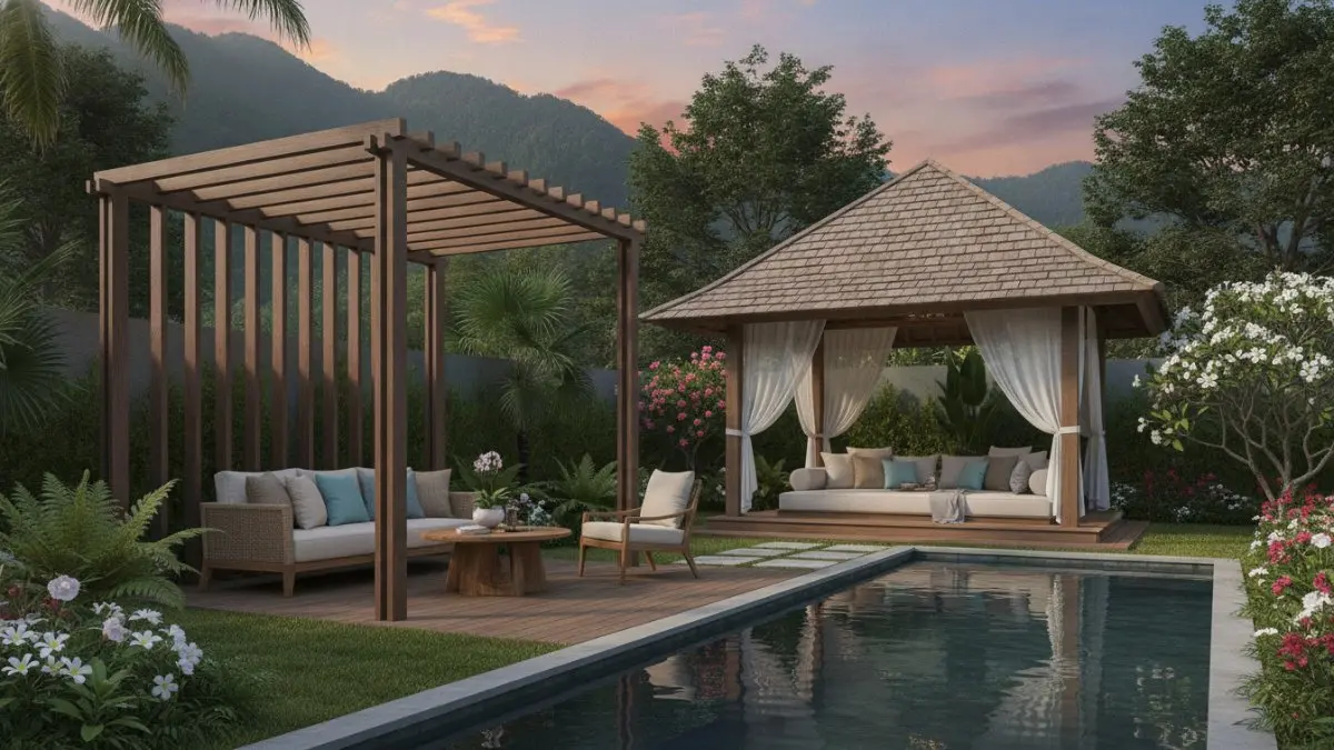 Pergola menghadirkan peneduh elegan, menciptakan area duduk nyaman dengan batas ruang alami sepanjang hari sejuk. (BTV/AI)
