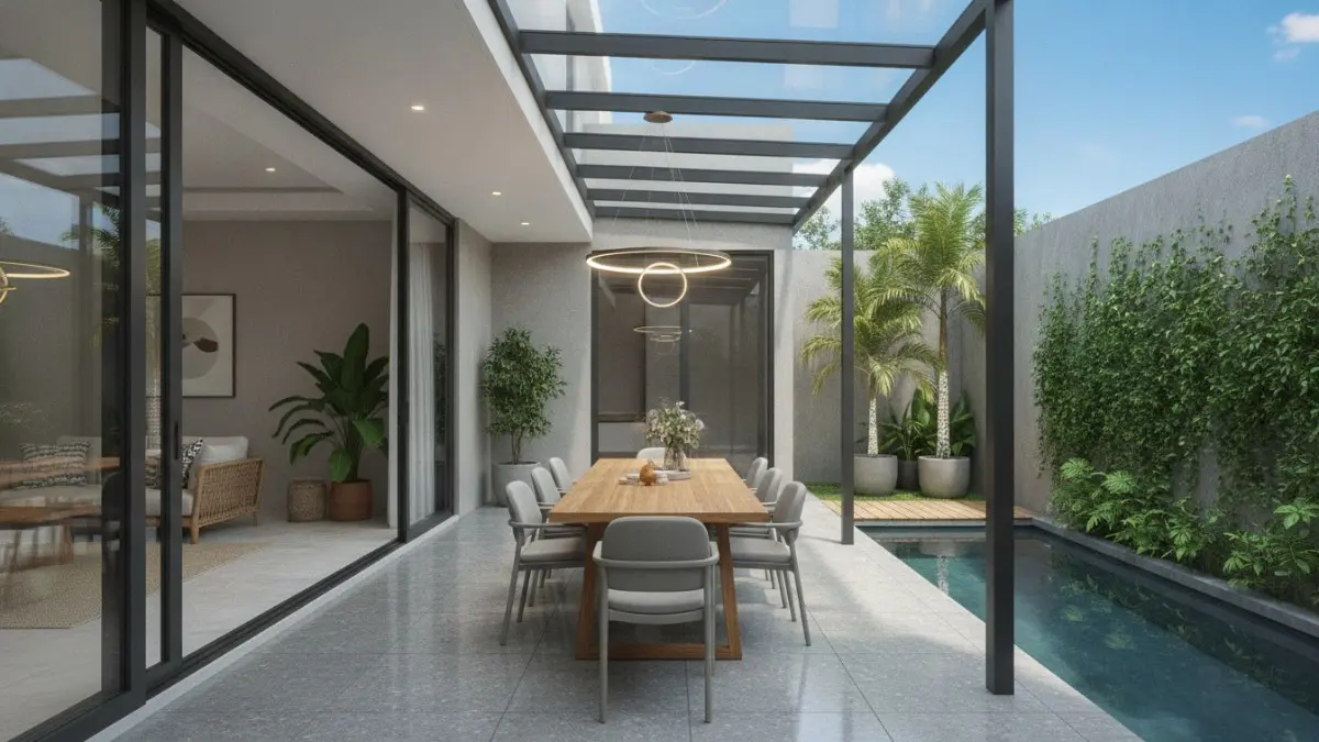 Pergola menghadirkan peneduh elegan, menciptakan area duduk nyaman dengan batas ruang alami sepanjang hari sejuk. (BTV/AI)
