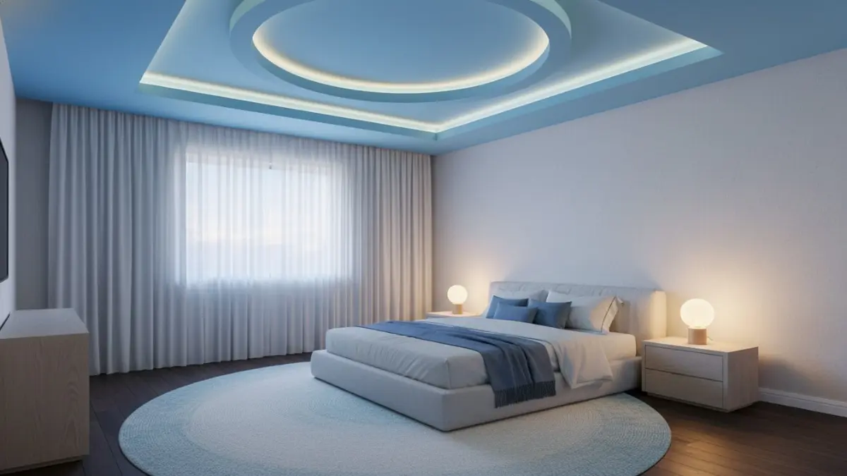Plafon biru terang menghadirkan efek membungkus ruangan, menciptakan suasana tidur nyaman dan menenangkan setiap malam. (BTV/AI)
