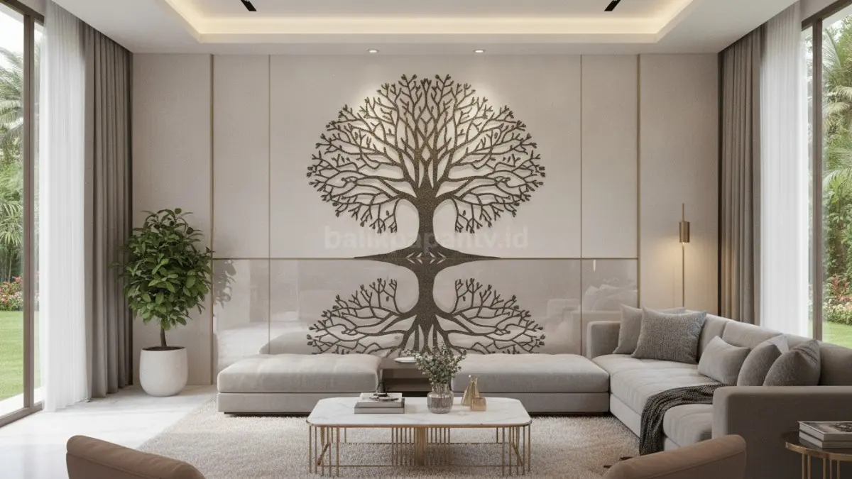 Pohon simetris bercabang geometris menghadirkan dekorasi modern yang rapi dan elegan pada dinding. (BTV/Ai)