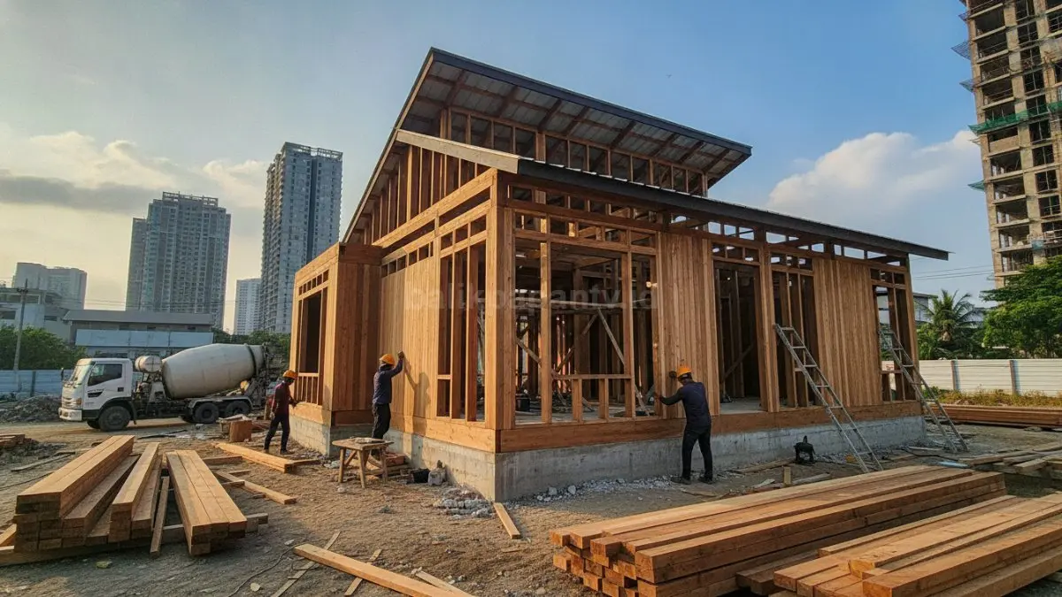 Proses pembangunan rumah kayu menggunakan material berkualitas dan struktur yang rapi.
