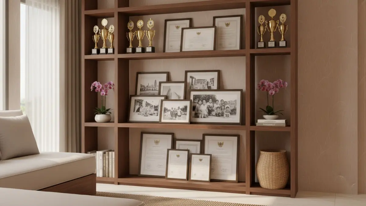 Rak ruang keluarga menampilkan trofi, foto, dan sertifikat secara elegan sebagai inspirasi dekorasi rumah personal. (BTV/AI)