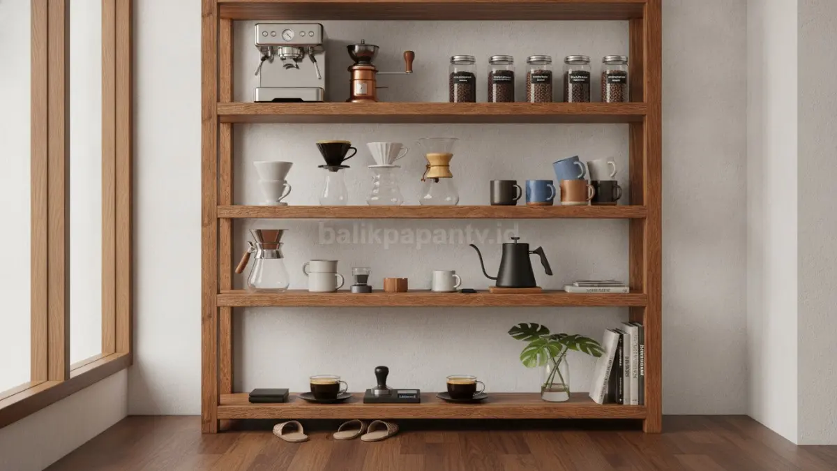 Rak terbuka khusus peralatan kopi memudahkan akses sekaligus menampilkan koleksi perlengkapan secara menarik.  (BTV/AI)