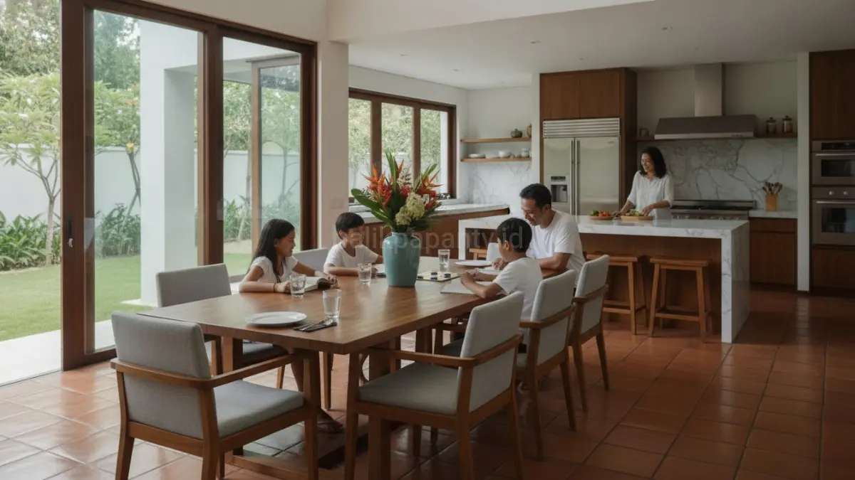 Ruang makan 2026 kembali menjadi pusat aktivitas keluarga yang menyatu dengan dapur terbuka modern.(BTV/AI) 