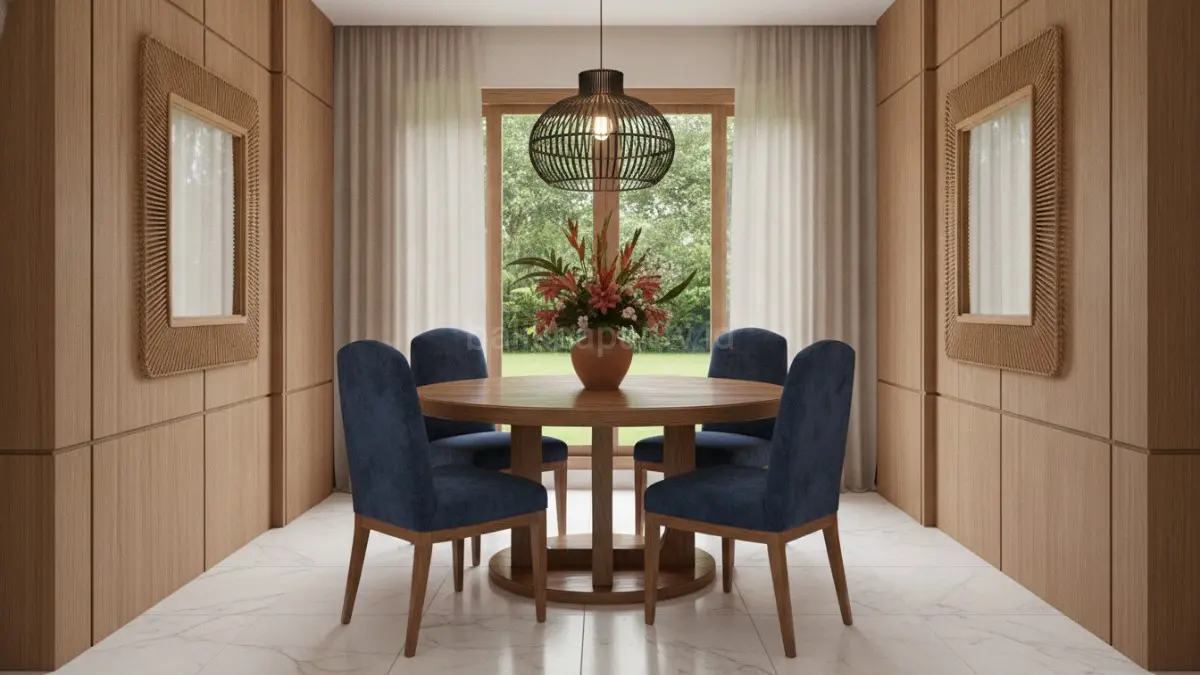 Ruang makan compact formal modern tetap fungsional dengan desain kecil dan pencahayaan gantung fokus.(BTV/AI) 