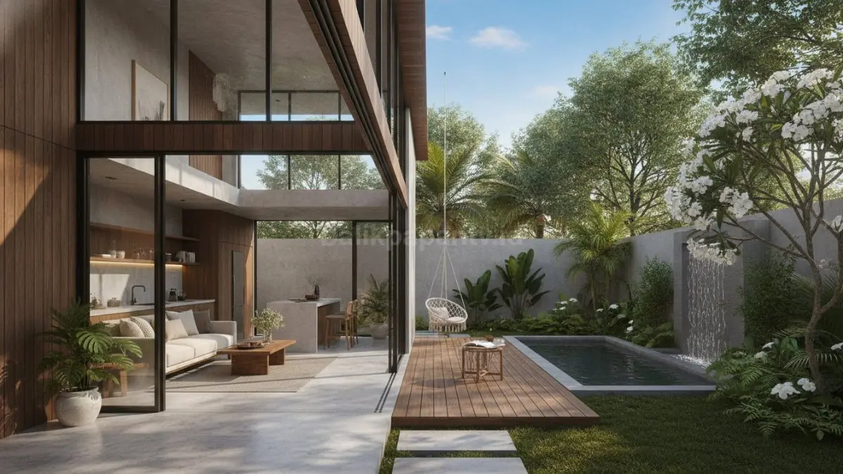 Rumah desain open space indoor-outdoor dengan ruang keluarga yang terhubung langsung ke taman hijau. (BTV/Ai)