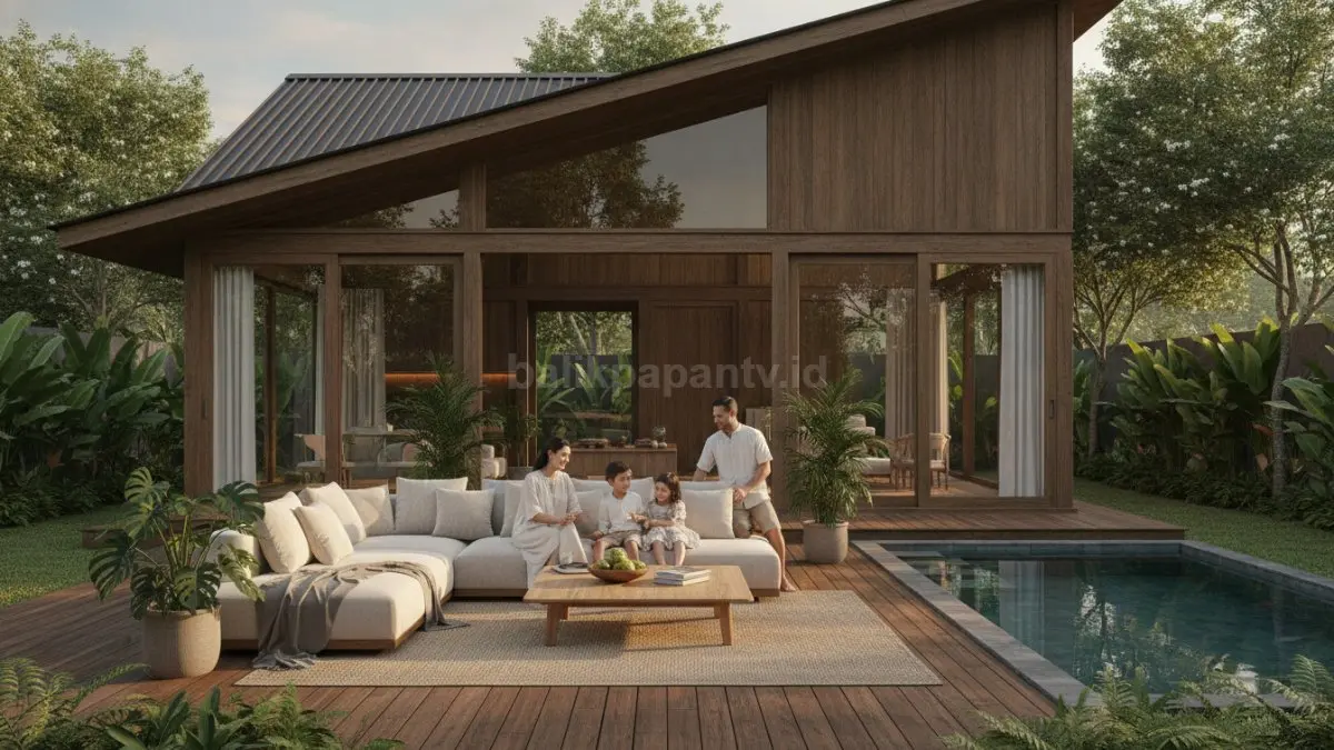 Rumah kayu modern bergaya tropis dengan pencahayaan alami dan suasana hangat untuk keluarga.
