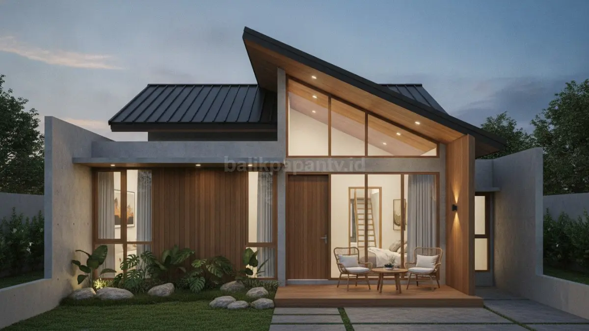 Rumah minimalis 1 lantai dengan atap miring modern yang memaksimalkan pencahayaan alami dan tampilan fasad. (BTV/Ai)