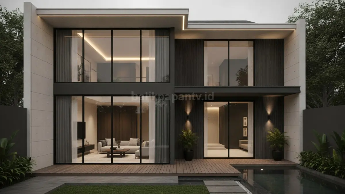 Rumah minimalis dengan warna monokrom modern yang memadukan putih, abu-abu, dan aksen hitam. (BTV/Ai)