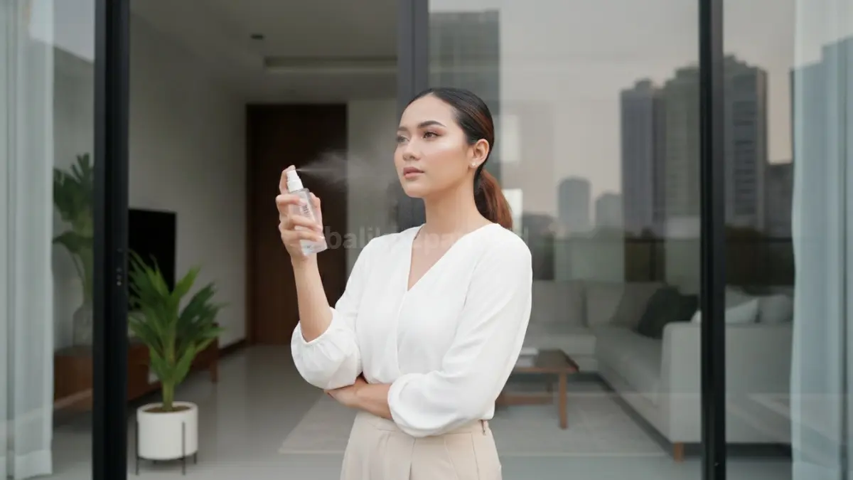 Setting spray digunakan sebagai langkah akhir menjaga makeup tetap rapi hingga malam.
