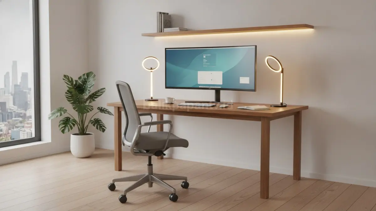 Suasana ruang kerja dengan monitor dan pencahayaan yang mendukung kenyamanan penglihatan.
