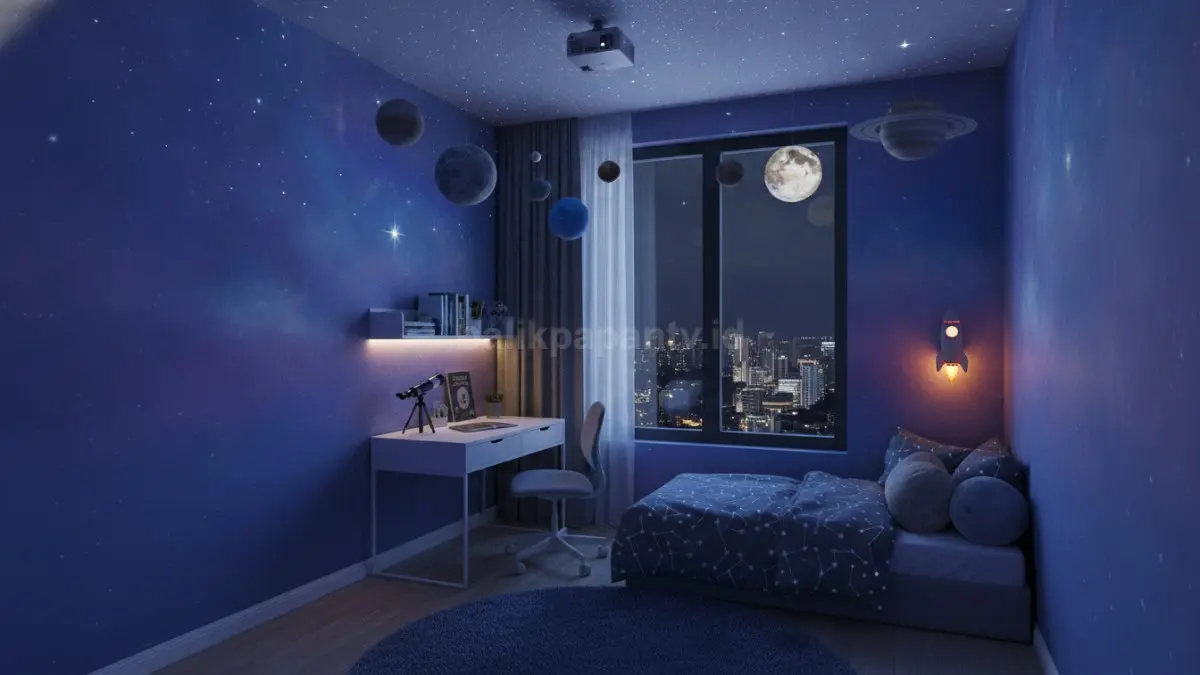 Sudut kamar anak tema luar angkasa dengan dekorasi planet dan pencahayaan lembut yang menarik perhatian.
