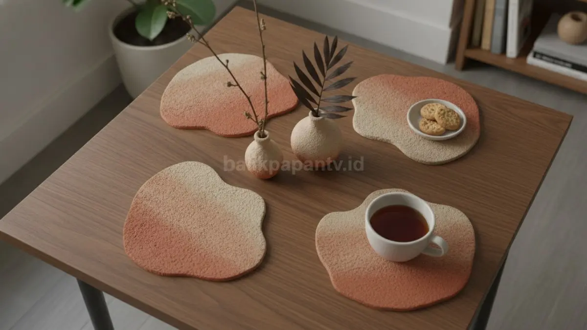 Tatakan gelas organik bertekstur alami memberi sentuhan handmade hangat pada dekorasi meja modern.  (BTV/AI)