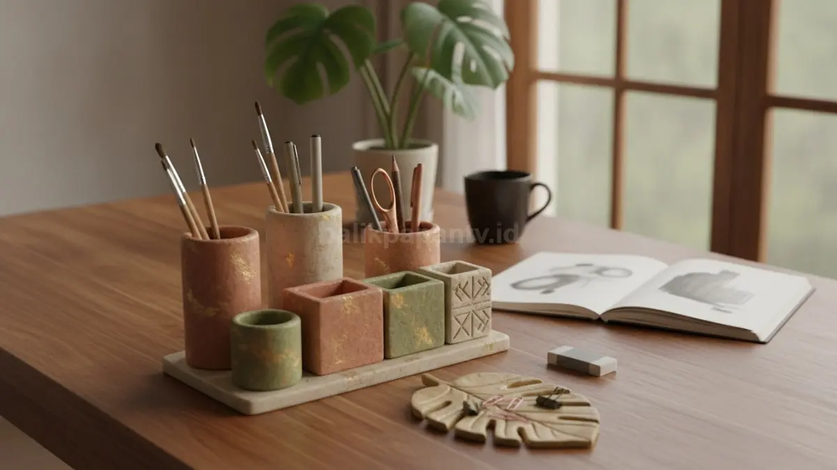 Tempat alat tulis artistik dari clay menjaga meja rapi sekaligus tampil estetik menarik.  (BTV/AI)