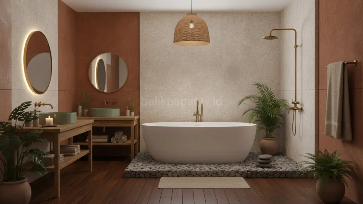 Warna kamar mandi 2026 mengutamakan nuansa alami yang hangat, menenangkan, dan nyaman digunakan.(BTV/AI) 