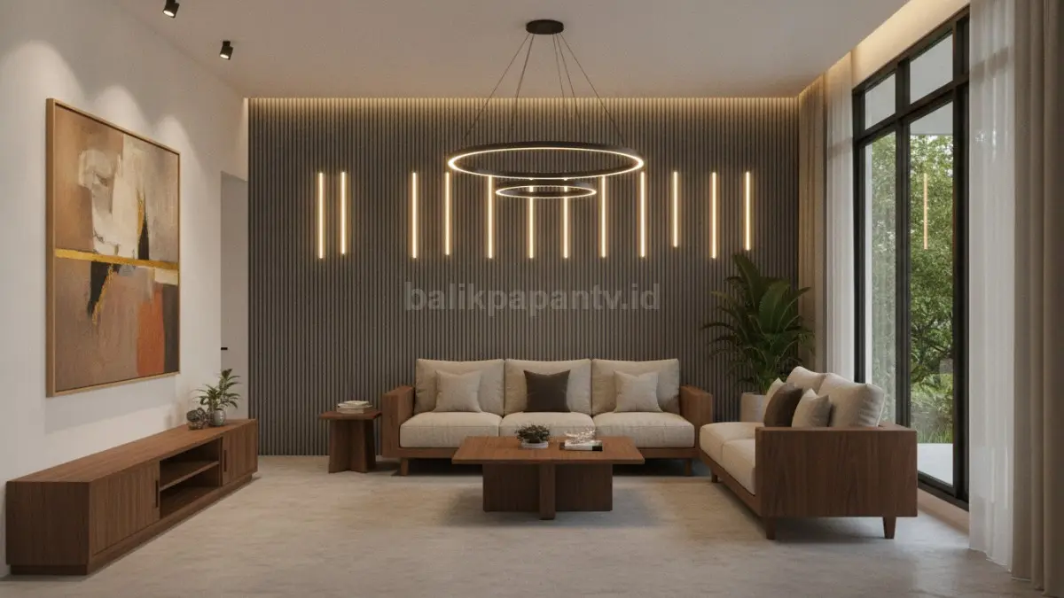 Accent lighting menyoroti objek dekoratif seperti lukisan dan tekstur dinding menciptakan suasana interior artistik elegan (BTV/Ai)