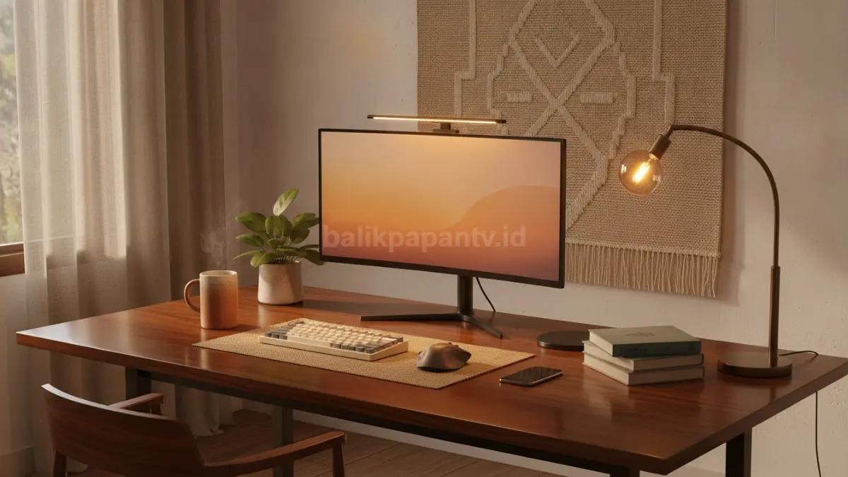 Aesthetic desk setup modern dengan pencahayaan hangat untuk mendukung fokus dan produktivitas.  (BTV/AI)