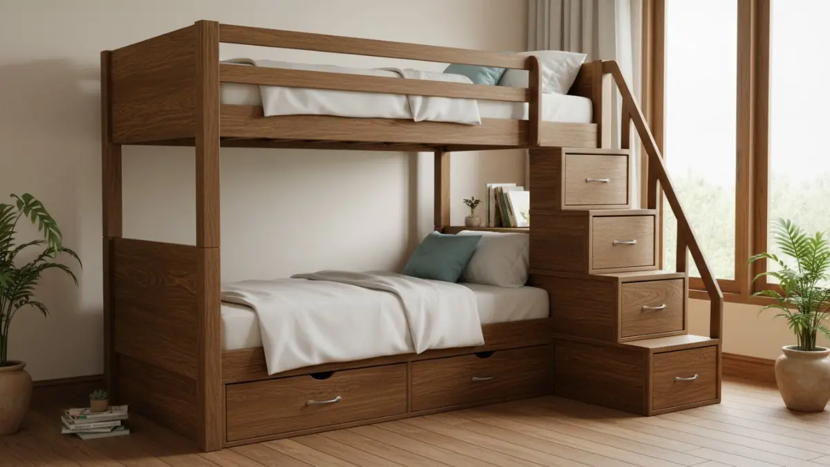 Bunk bed bertangga laci penyimpanan memaksimalkan ruang, menjaga kerapian, dan mengurangi kebutuhan lemari tambahan secara efisien. (BTV/AI)

