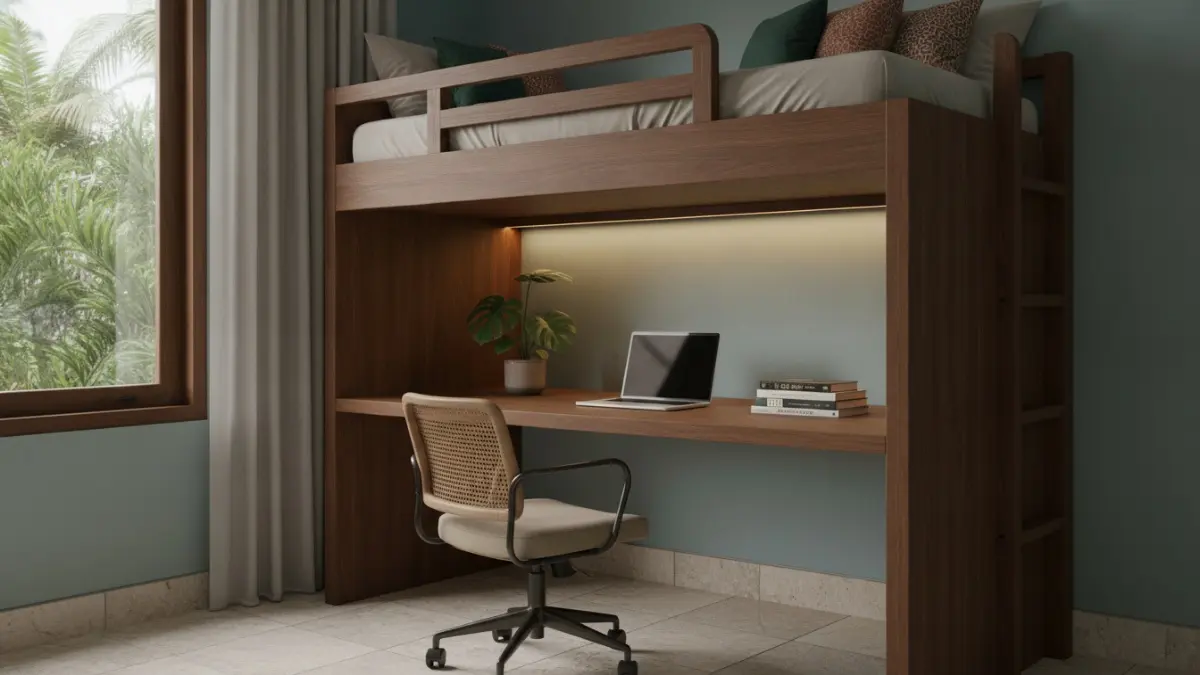 Bunk bed dengan meja kerja terintegrasi menghadirkan ruang belajar ergonomis sekaligus bekerja lebih efisien nyaman. (BTV/AI)
