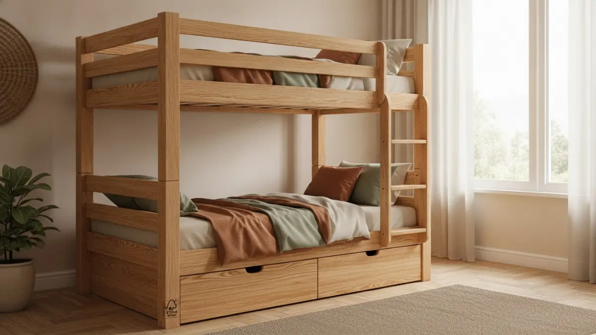 Bunk bed kayu solid bersertifikat menawarkan kekuatan, keamanan, ketahanan, dan mendukung hunian berkelanjutan ramah lingkungan. (BTV/AI)
