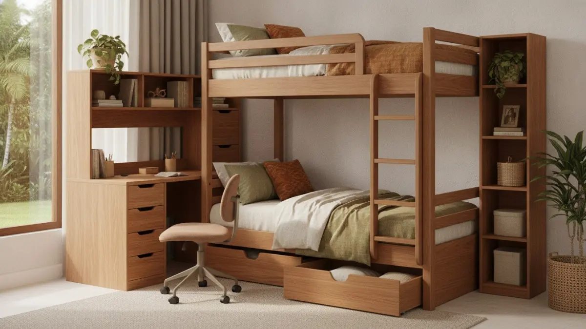 Bunk bed modern multifungsi dengan meja kerja dan penyimpanan terintegrasi. (BTV/AI)