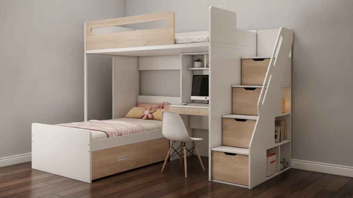 Bunk bed modular bongkar-pasang fleksibel mudah diubah menjadi dua ranjang terpisah sesuai kebutuhan keluarga modern. (BTV/AI)
