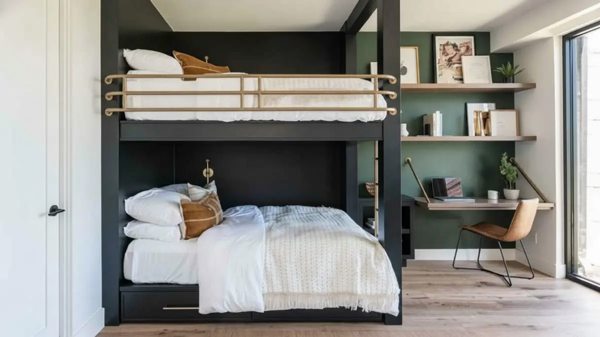 Bunk bed multifungsi untuk dewasa berdesain minimalis dengan struktur kokoh mendukung hunian modern hemat ruang. (BTV/AI)
