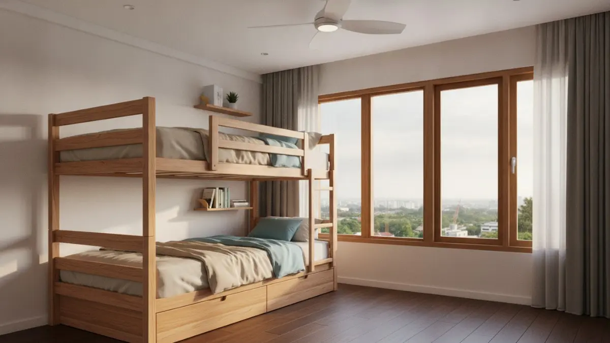 Bunk bed rendah cocok untuk plafon terbatas, menjaga kenyamanan, sirkulasi udara, dan ruang tetap lega. (BTV/AI)
