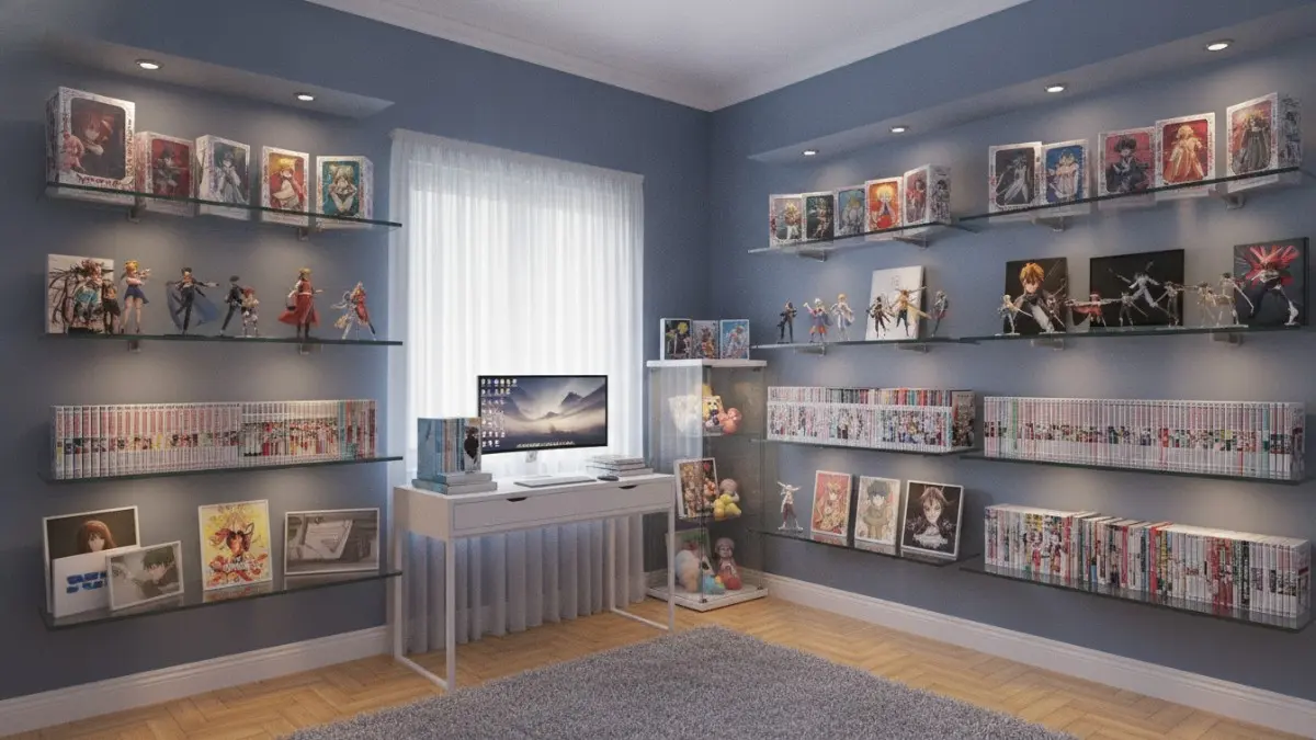 Collectors Display Anime Room menampilkan figur manga merchandise berpencahayaan spotlight bergaya galeri modern rapi. (BTV/AI)
