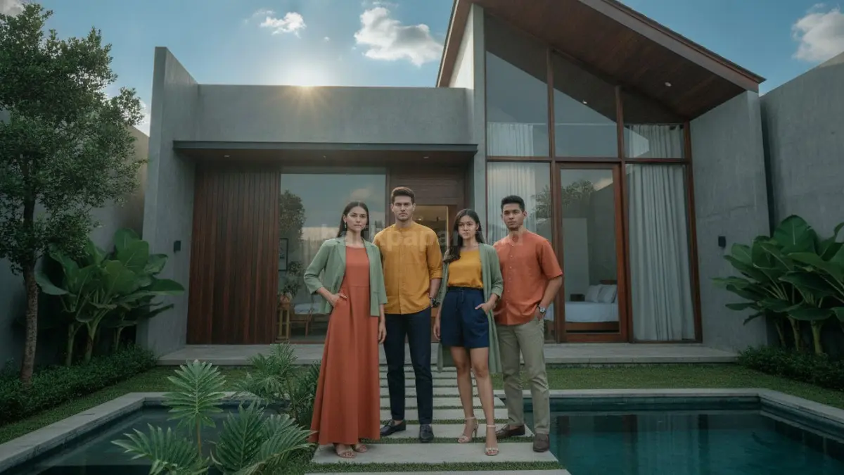 Contoh fashion empat warna dengan siluet sederhana dan proporsi warna yang harmonis.
