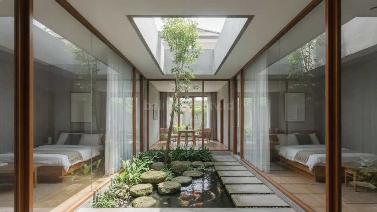 Courtyard kecil menghadirkan cahaya alami dan suasana segar di seluruh rumah. (BTV/AI)