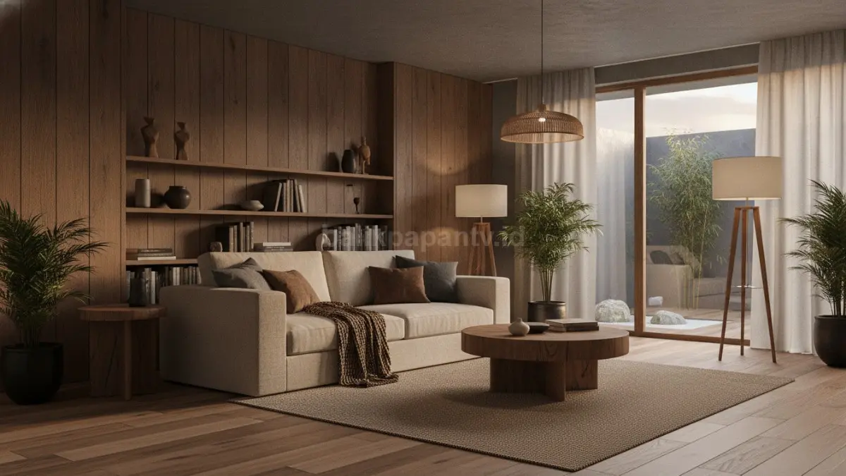 Dark Japandi Natural Wood Tone menghadirkan kayu gelap alami dengan suasana hangat, stabil, dan elegan (BTV/Ai)
