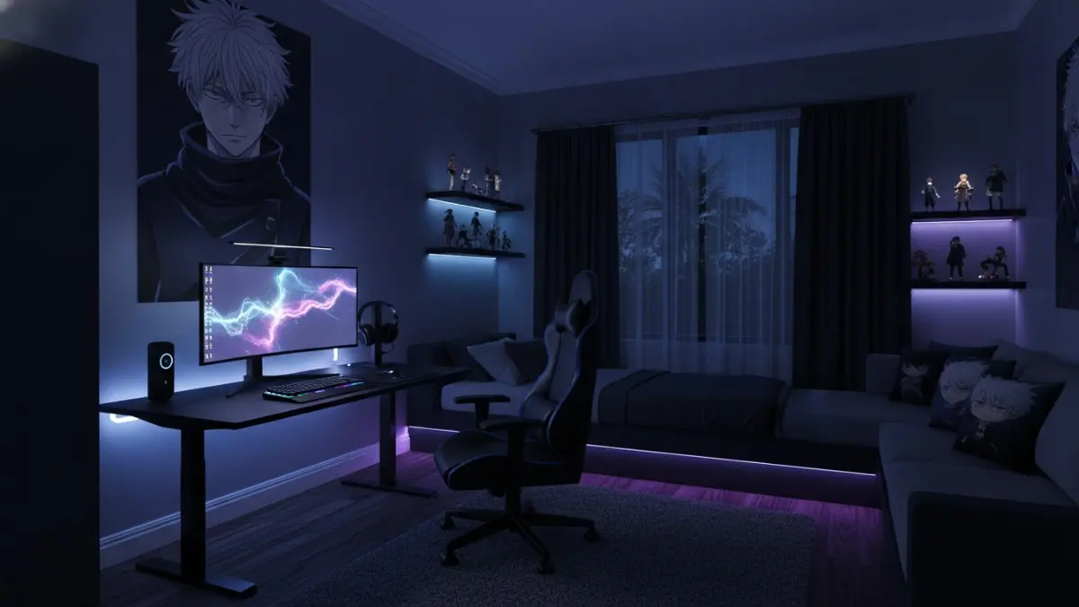 Dark Mode Anime Gaming Room bernuansa gelap dengan pencahayaan fokus mendukung kenyamanan gaming dan produktivitas maksimal. (BTV/AI)
