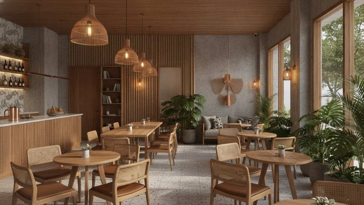 Desain kafe modern 2026 memadukan material alami pencahayaan hangat area kerja nyaman berkonsep fungsional dan estetik. (BTV/AI)
