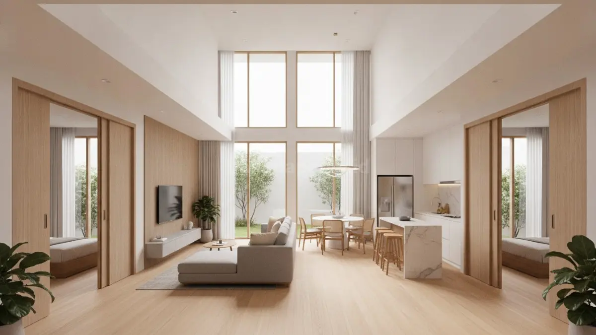 Desain open space tiga kamar menciptakan hunian terasa luas dan nyaman untuk keluarga. (BTV/AI)