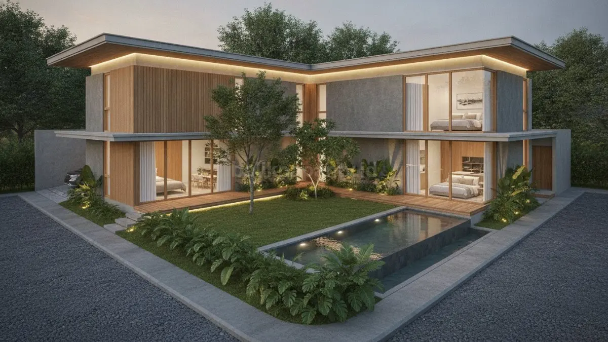 Desain rumah L-shape menghadirkan taman terbuka yang membuat hunian terasa lebih lapang. (BTV/AI)