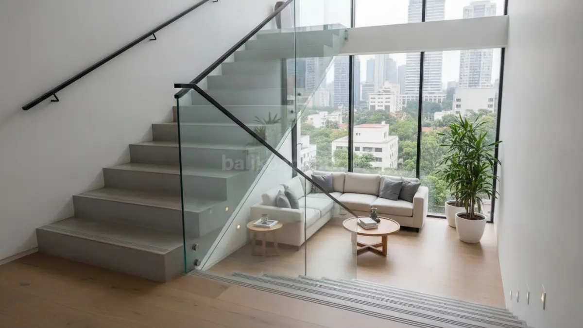 Desain tangga minimalis dengan material anti-slip dan area bordes yang fungsional.
