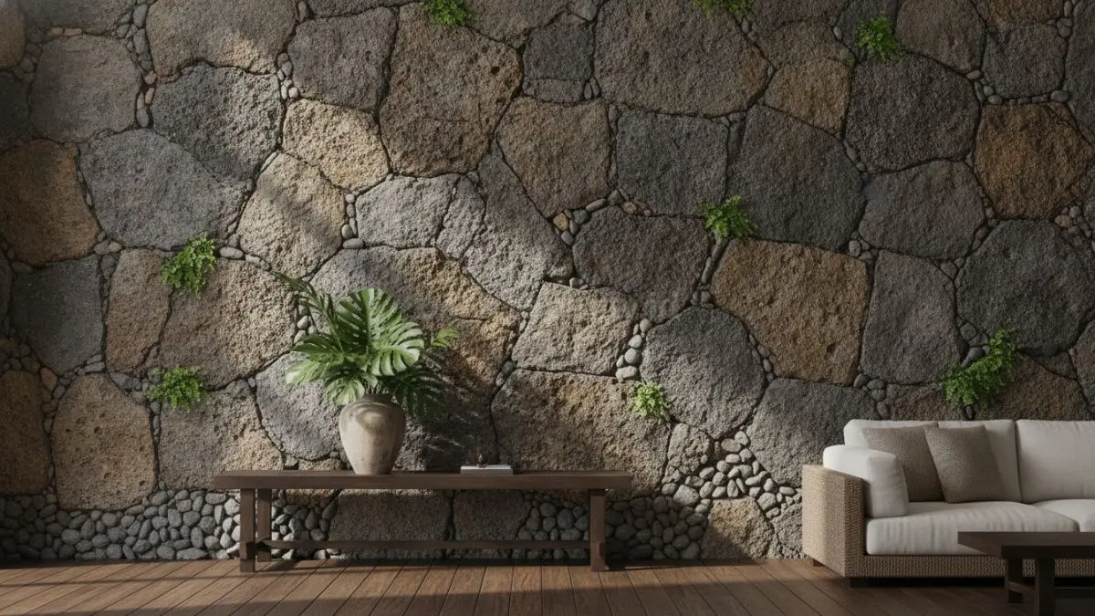 Dinding batu alam menghadirkan kesan kokoh, elegan, unik, dan menarik perhatian ruangan utama.  (BTV/AI)