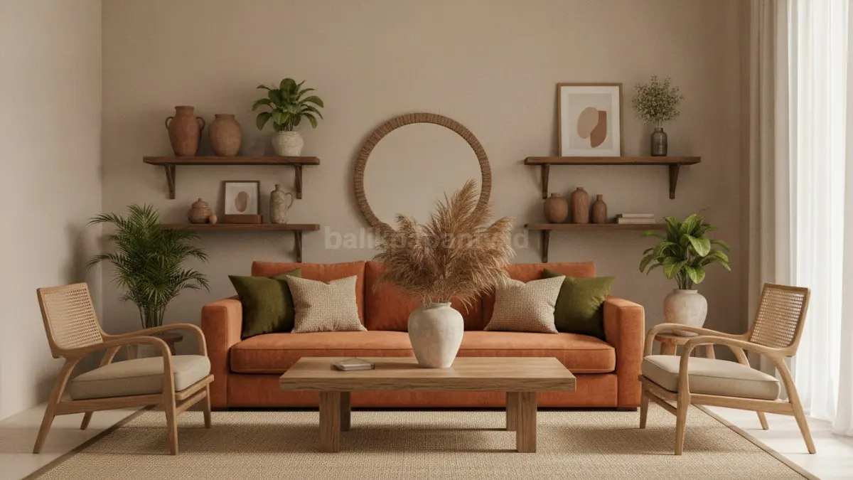 Dinding beige menciptakan kesan luas, bersih, terang, serta menonjolkan furnitur secara harmonis alami.  (BTV/AI)