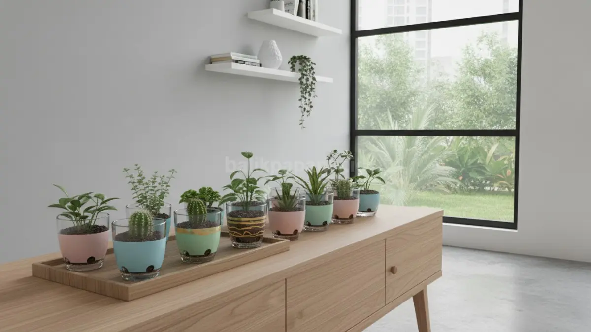 DIY gelas plastik jadi pot tanaman hias mini yang mempercantik meja dan sudut rumah.
