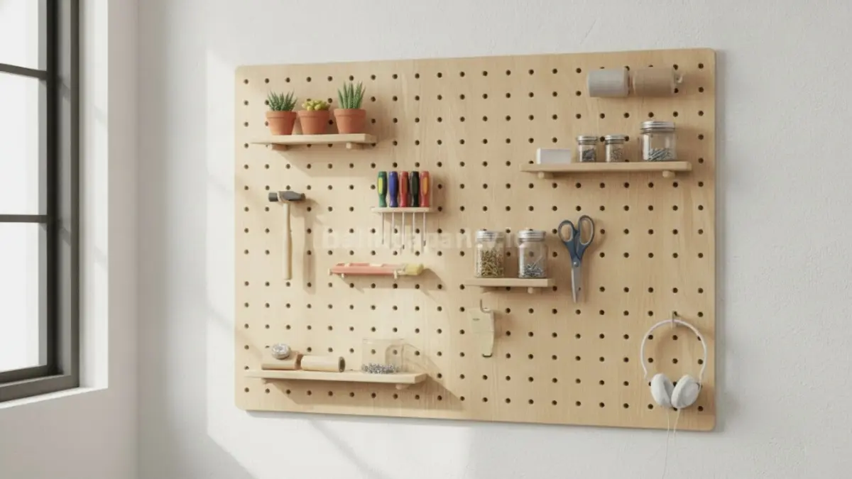 DIY pegboard wall modern mengubah dinding kosong menjadi area penyimpanan yang rapi.  (BTV/AI)