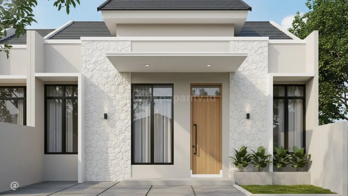 Fasad batu alam putih memberi tampilan modern, elegan, dan berkarakter pada hunian minimalis. (BTV/AI)