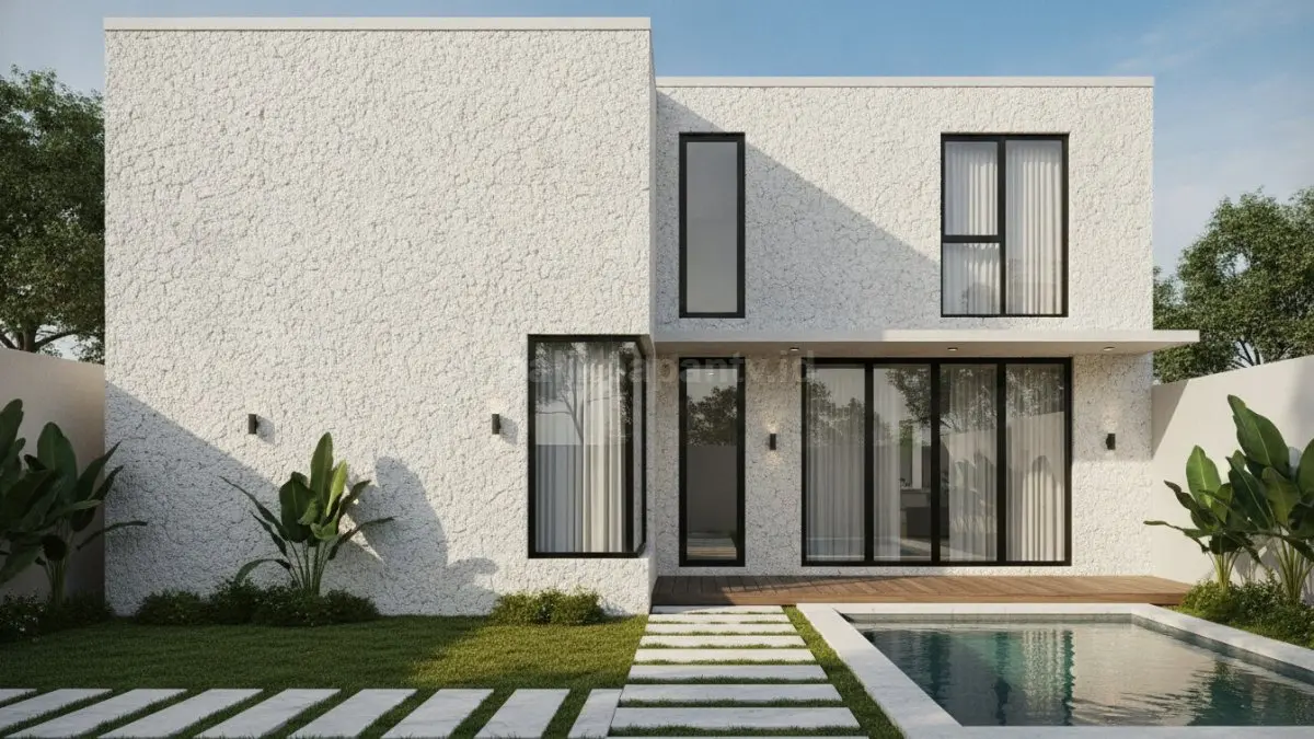 Fasad rumah modern menggunakan batu alam putih natural dengan taman hijau yang harmonis. (BTV/Ai)